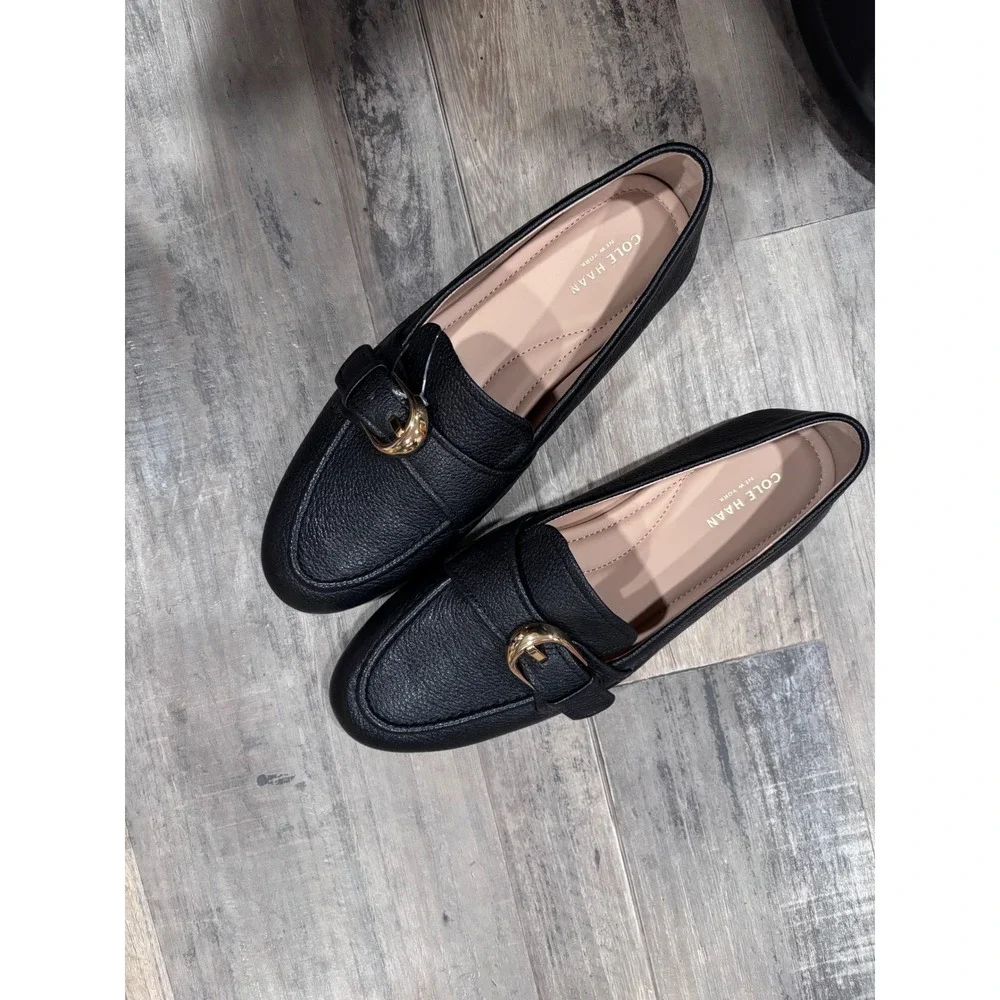 Cole Haan Black Pebbled Leather Buckle Loafers W35402 Womens 8.5 B